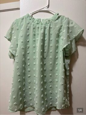 Light Green Swiss Dot Flutter Sleeve Blouse